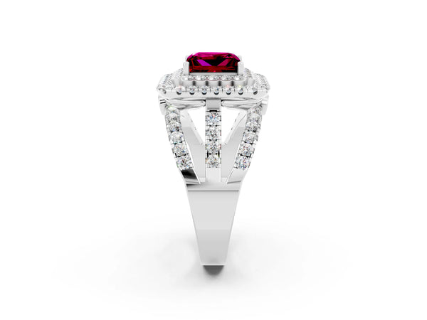 White gold Princess Cut Garnet Double Halo Ring with Round Pavé Split Shank and Prong Setting
