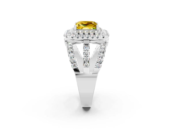 Silver Princess Cut Yellow Sapphire Double Halo Ring with Round Pavé Split Shank and Prong Setting