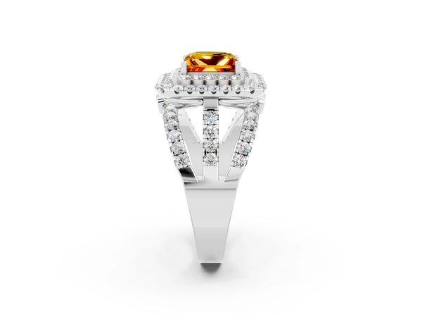 Silver Princess Cut Citrine Double Halo Ring with Round Pavé Split Shank and Prong Setting