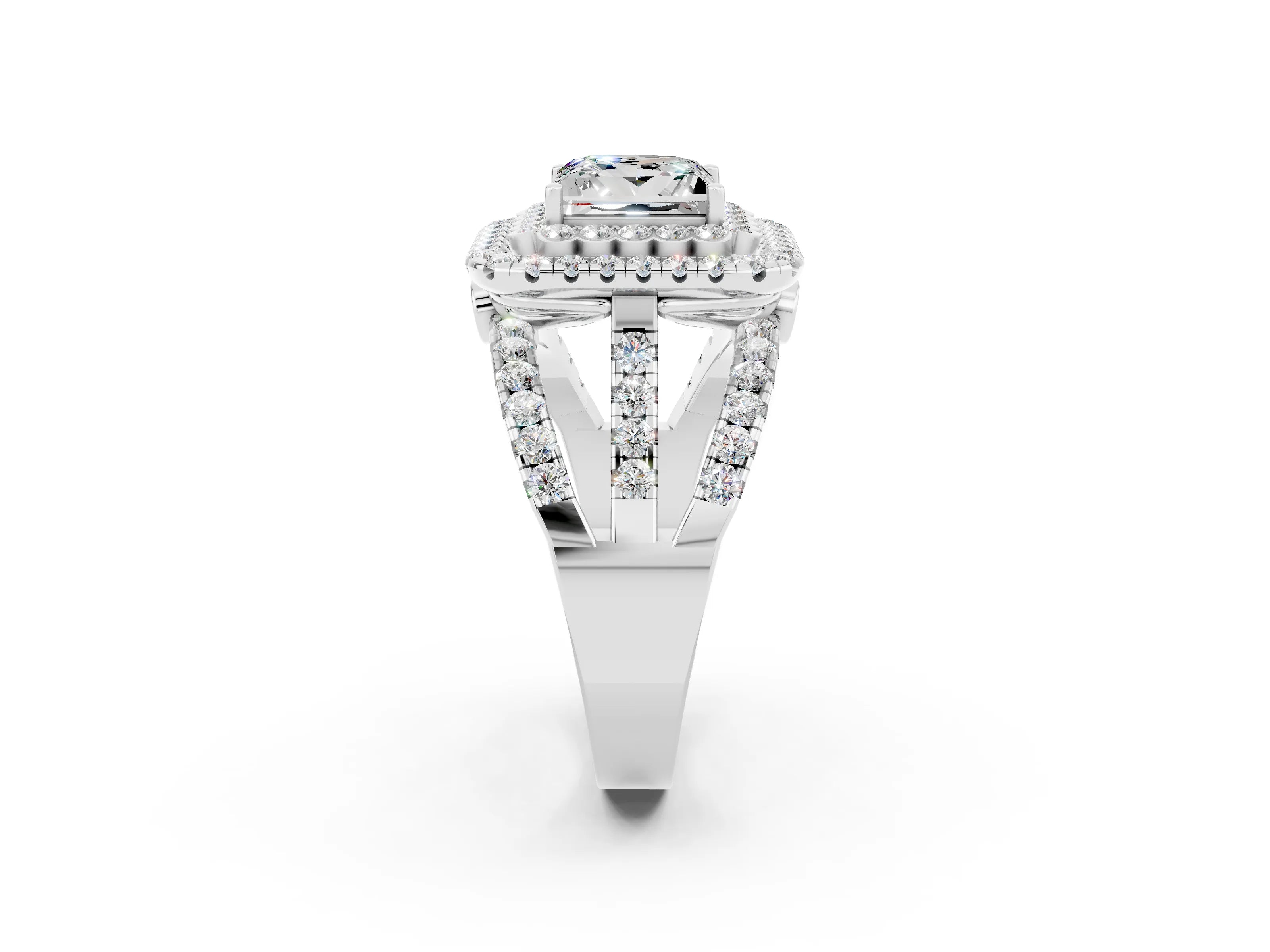 White gold Double Halo Princess Cut Diamond Split Shank Pave Set Ring_2