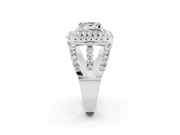 White gold Princess Cut Moissanite Double Halo Ring with Round Pavé Split Shank and Prong Setting