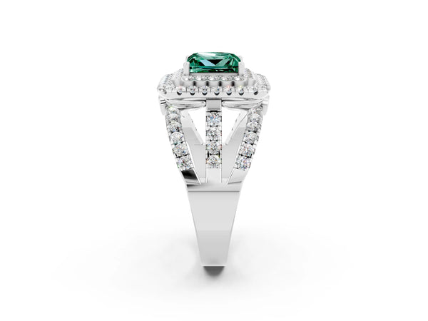 Platinum Princess Cut Green Sapphire Double Halo Ring with Round Pavé Split Shank and Prong Setting