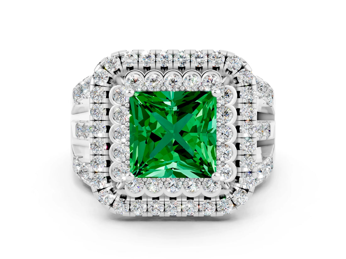 White gold Double Halo Princess Cut Diamond Split Shank Pave Set Ring
