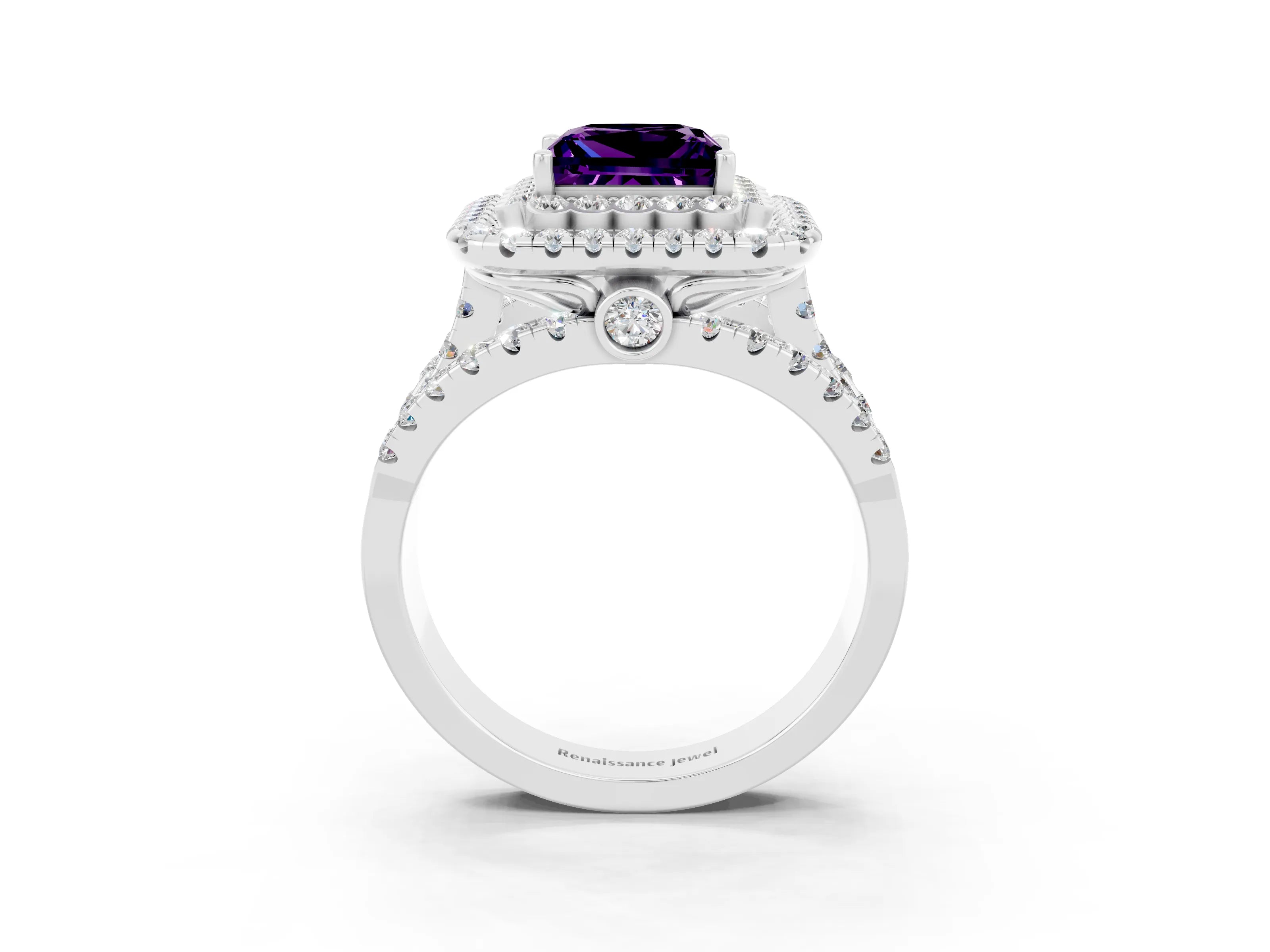 White gold Double Halo Princess Cut Diamond Split Shank Pave Set Ring_3