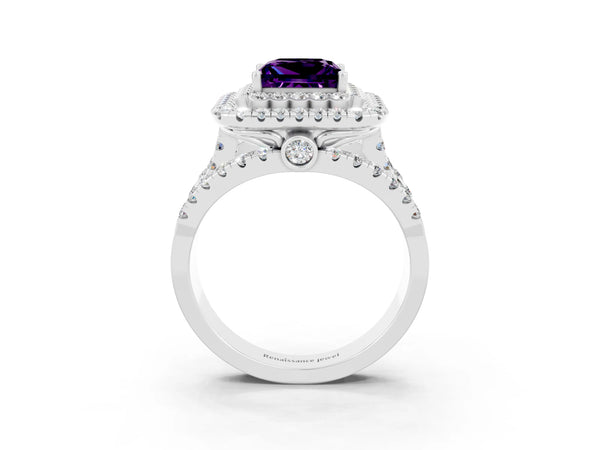 White gold Princess Cut Amethyst Double Halo Ring with Round Pavé Split Shank and Prong Setting