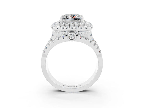 White gold Princess Cut Moissanite Double Halo Ring with Round Pavé Split Shank and Prong Setting
