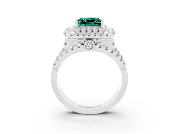 Silver Princess Cut Green Sapphire Double Halo Ring with Round Pavé Split Shank and Prong Setting