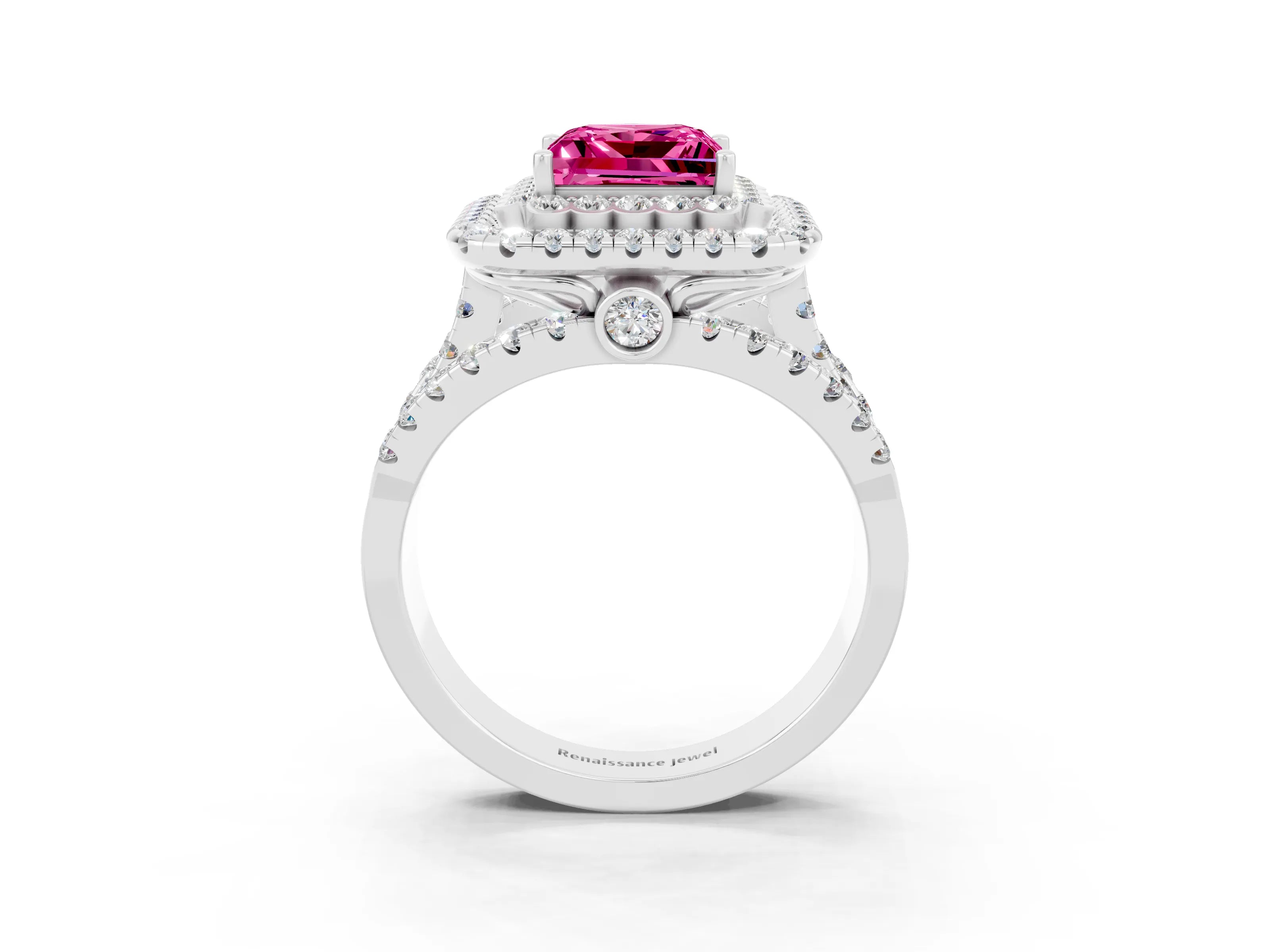 White gold Double Halo Princess Cut Diamond Split Shank Pave Set Ring_3