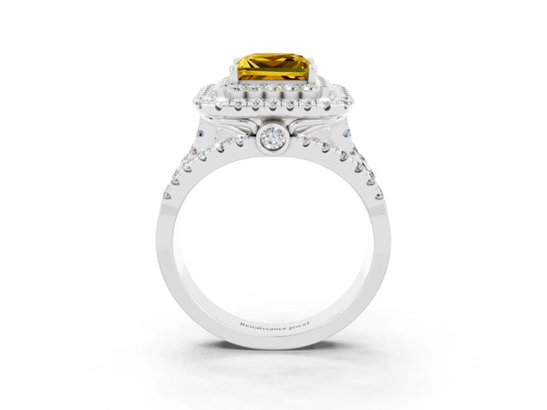 Platinum Princess Cut Yellow Sapphire Double Halo Ring with Round Pavé Split Shank and Prong Setting