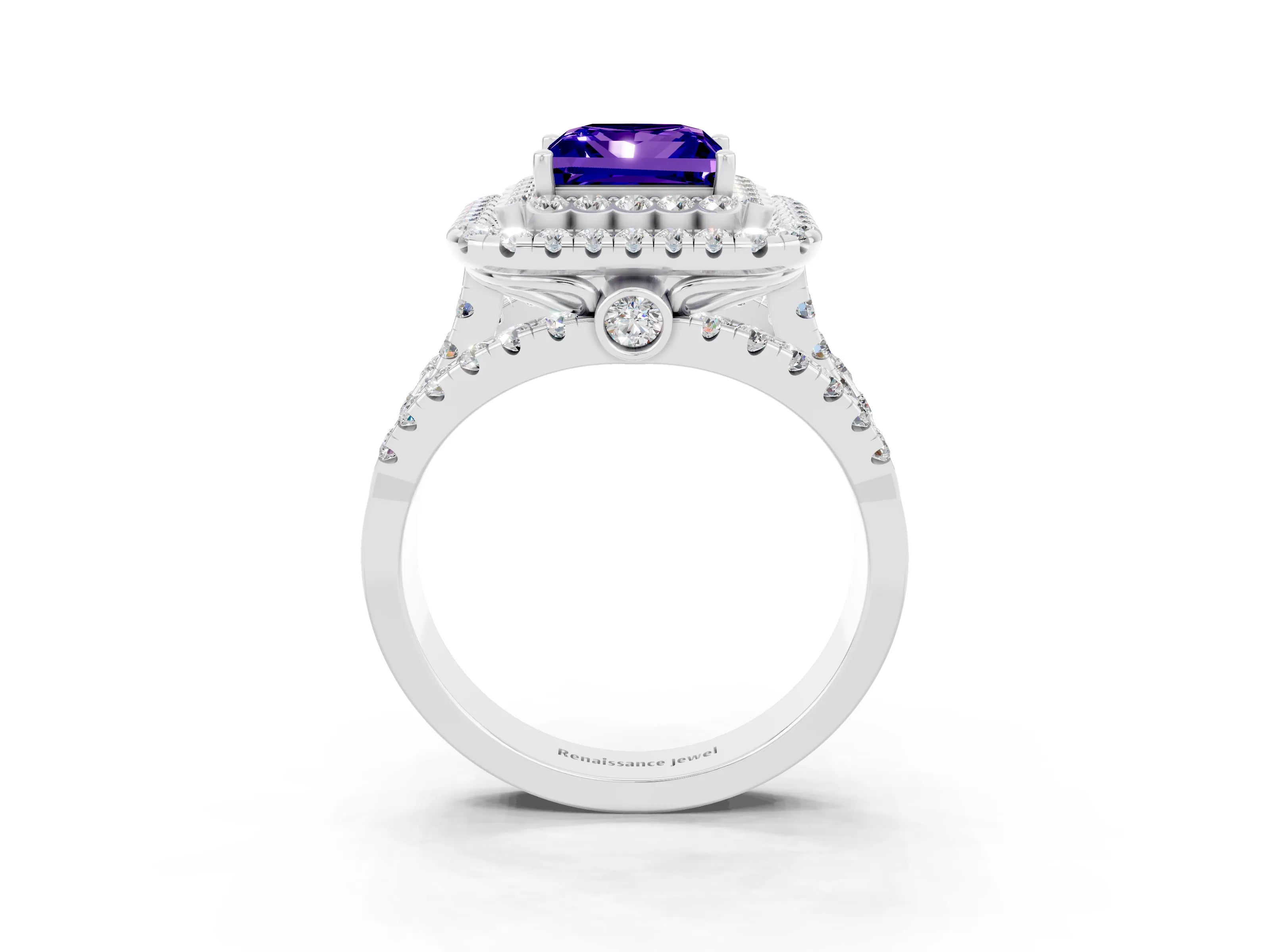 White gold Double Halo Princess Cut Diamond Split Shank Pave Set Ring_3