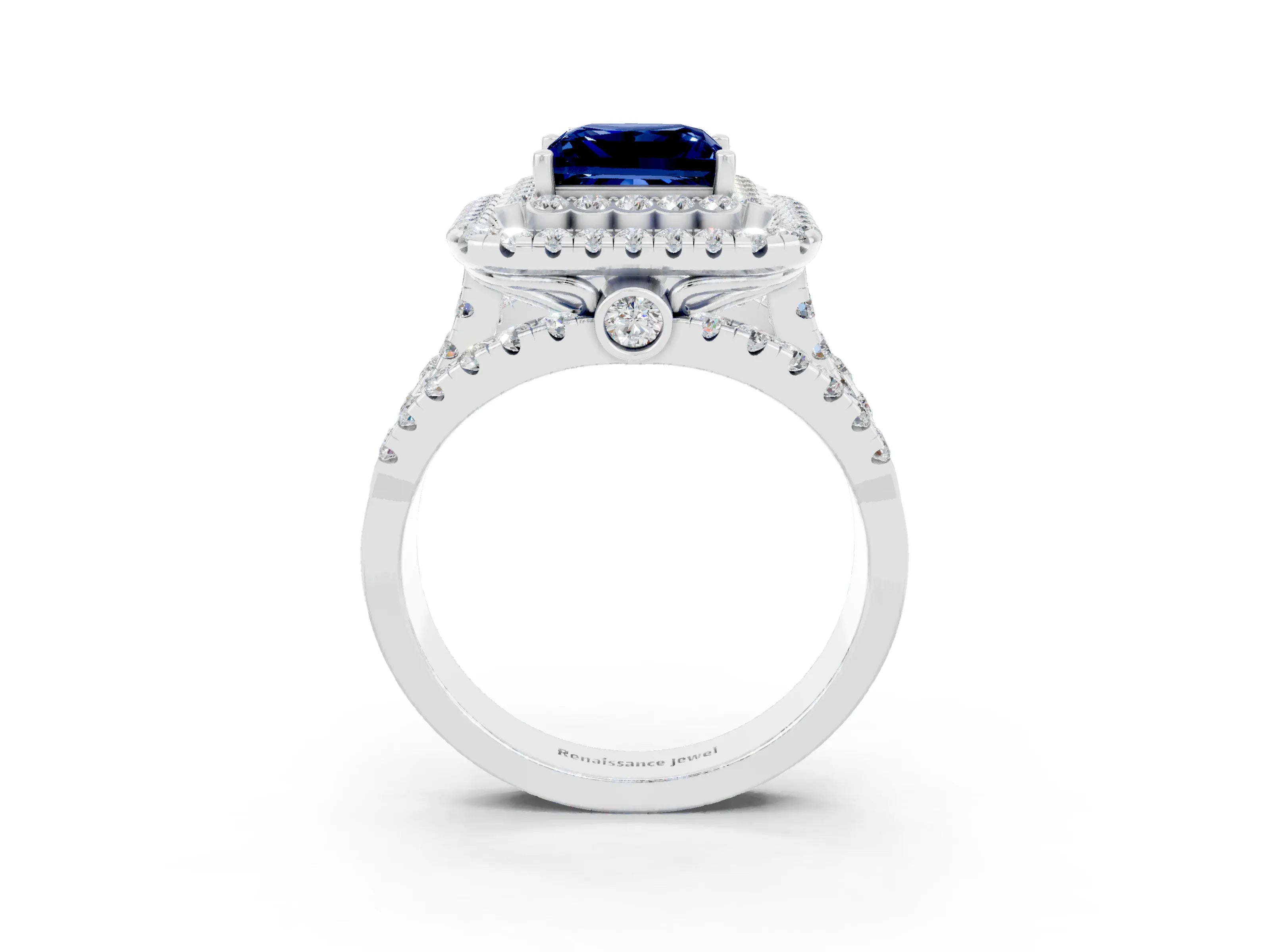 White gold Double Halo Princess Cut Diamond Split Shank Pave Set Ring_3