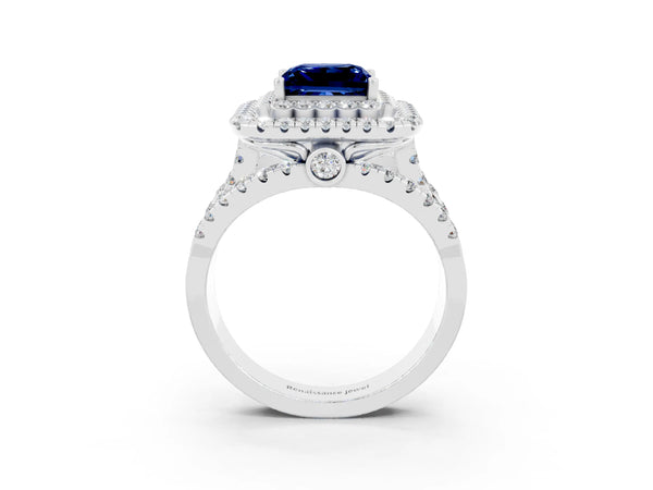 Silver Princess Cut Blue Sapphire Double Halo Ring with Round Pavé Split Shank and Prong Setting