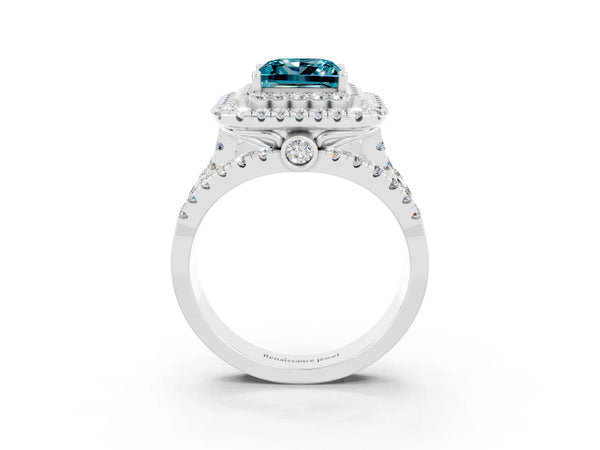 White gold Double Halo Princess Cut Diamond Split Shank Pave Set Ring