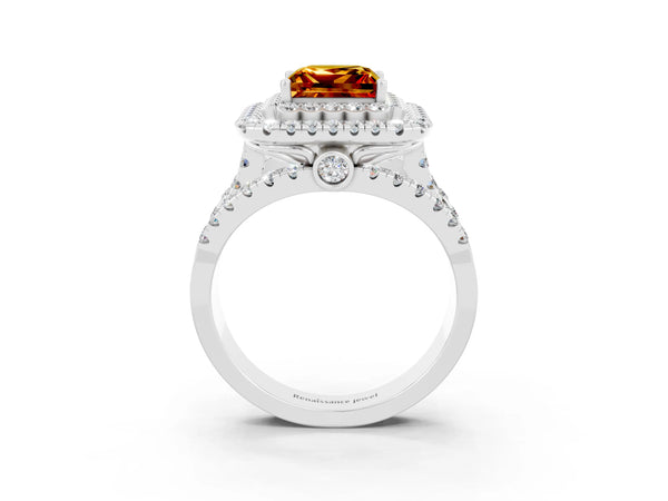 Silver Princess Cut Citrine Double Halo Ring with Round Pavé Split Shank and Prong Setting
