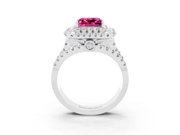 Platinum Double Halo Princess Cut Diamond Split Shank Pave Set Ring
