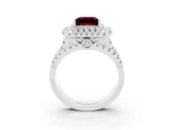 Platinum Princess Cut Garnet Double Halo Ring with Round Pavé Split Shank and Prong Setting
