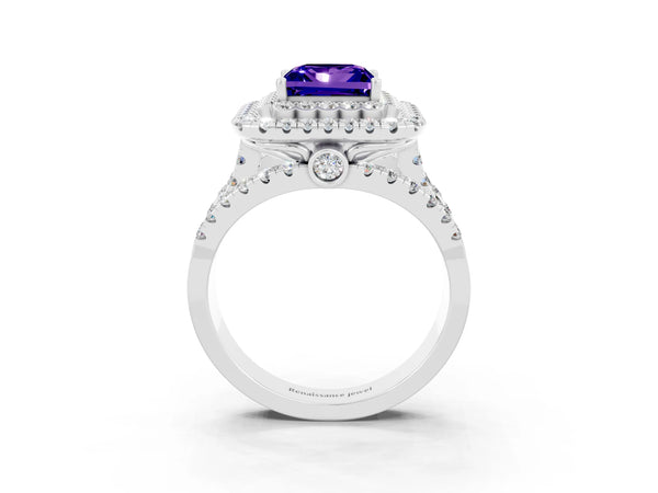White gold Princess Cut Tanzanite Double Halo Ring with Round Pavé Split Shank and Prong Setting