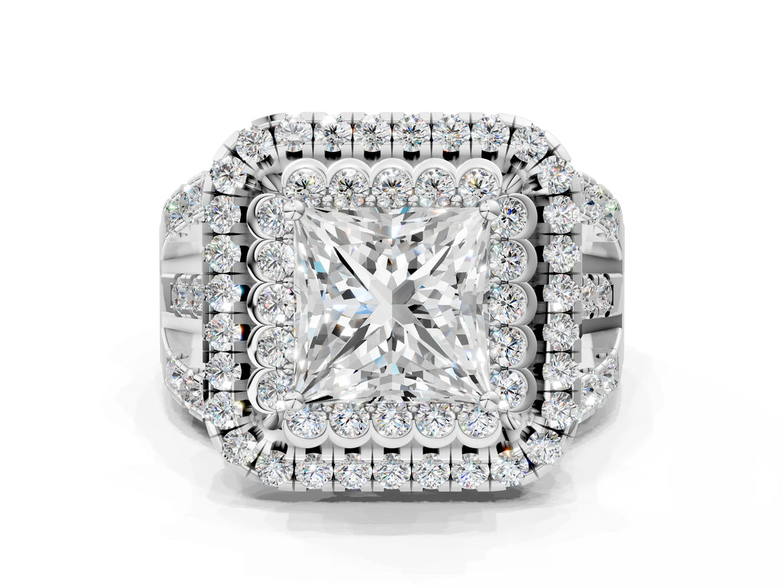 White gold Double Halo Princess Cut Diamond Split Shank Pave Set Ring_3