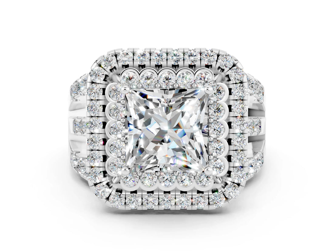 White gold Double Halo Princess Cut Diamond Split Shank Pave Set Ring