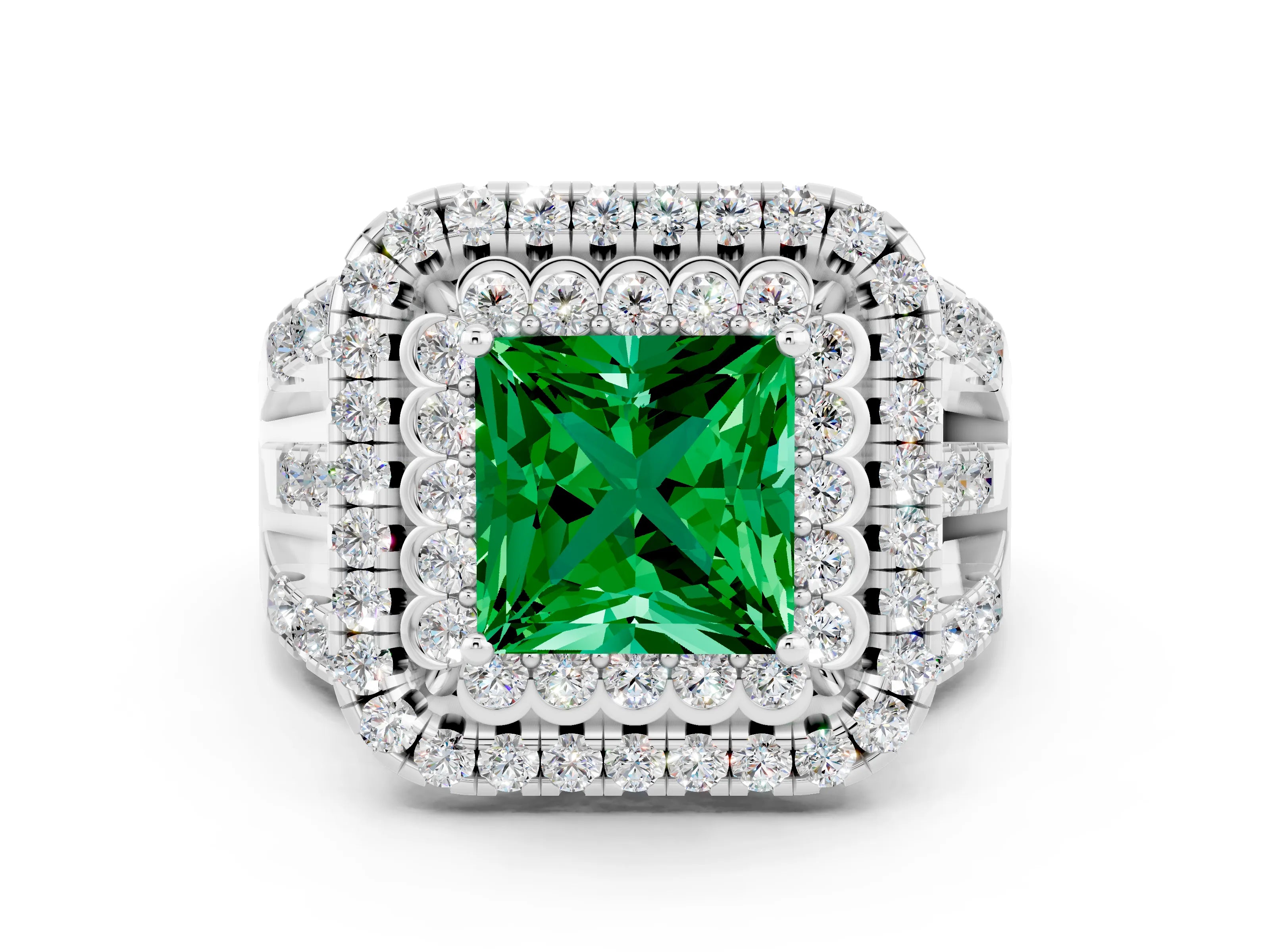 White gold Double Halo Princess Cut Diamond Split Shank Pave Set Ring