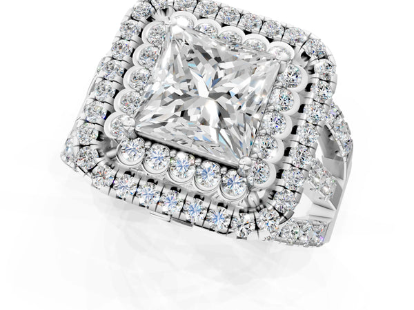 Sterling Silver Princess Cut Scalloped Double Halo Engagement Ring Setting