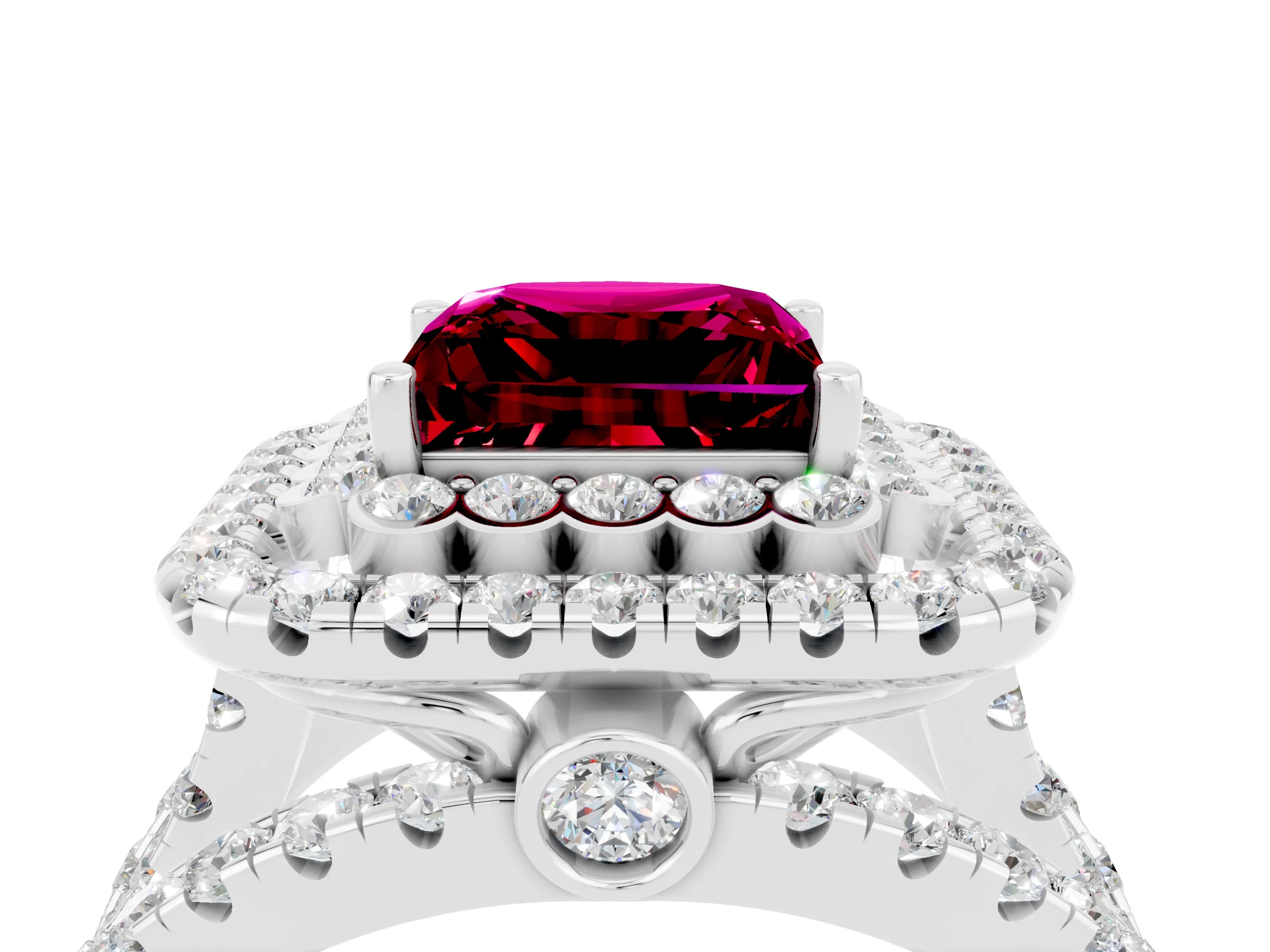 White gold Double Halo Princess Cut Diamond Split Shank Pave Set Ring_4