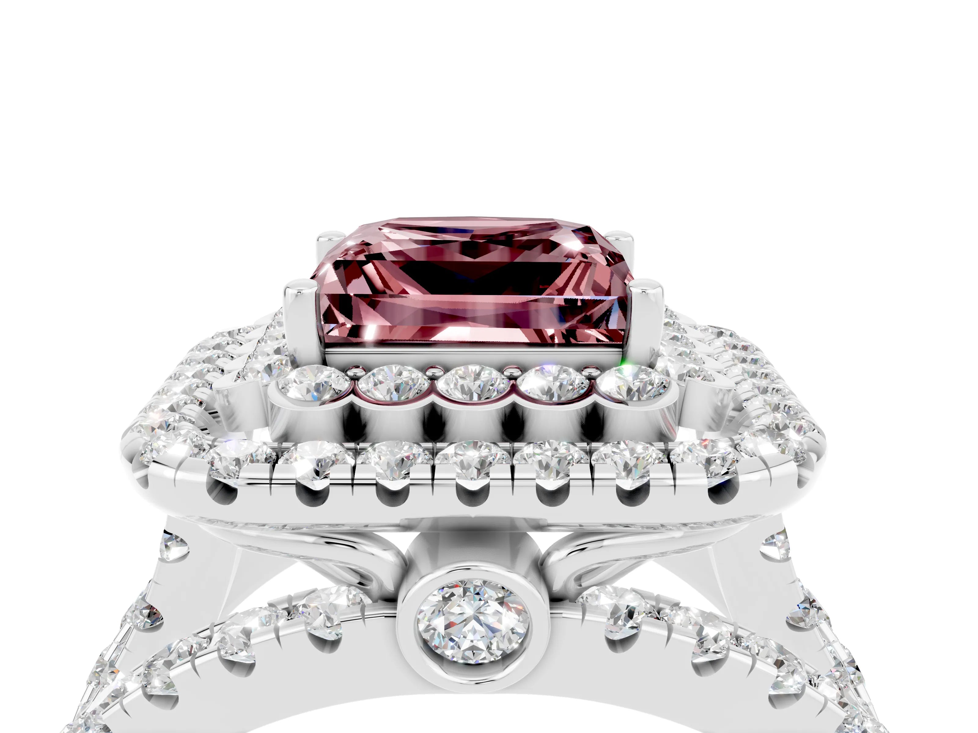 White gold Double Halo Princess Cut Diamond Split Shank Pave Set Ring_4
