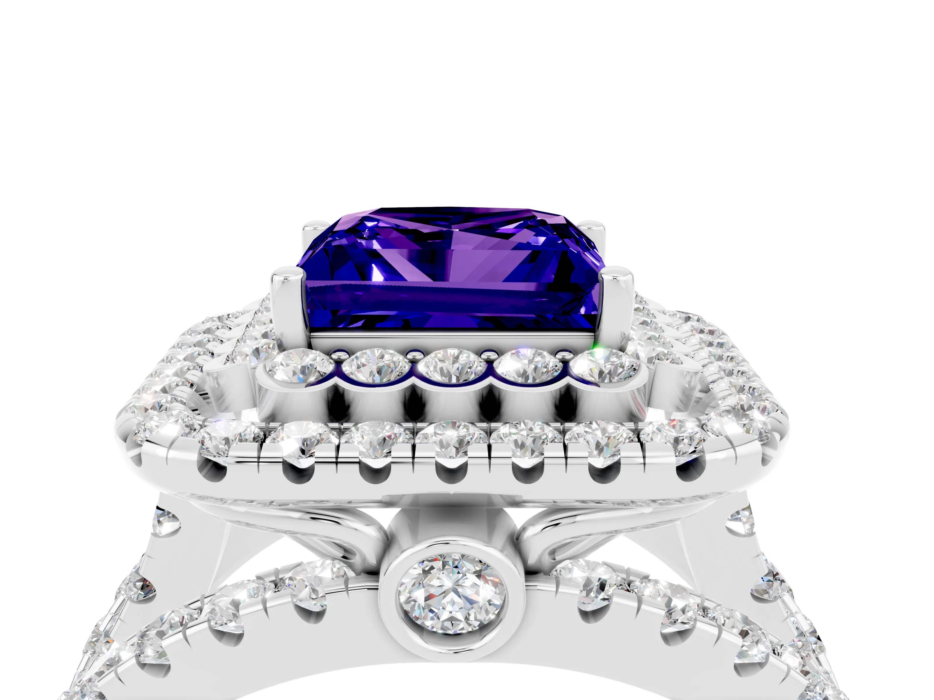 White gold Double Halo Princess Cut Diamond Split Shank Pave Set Ring_4