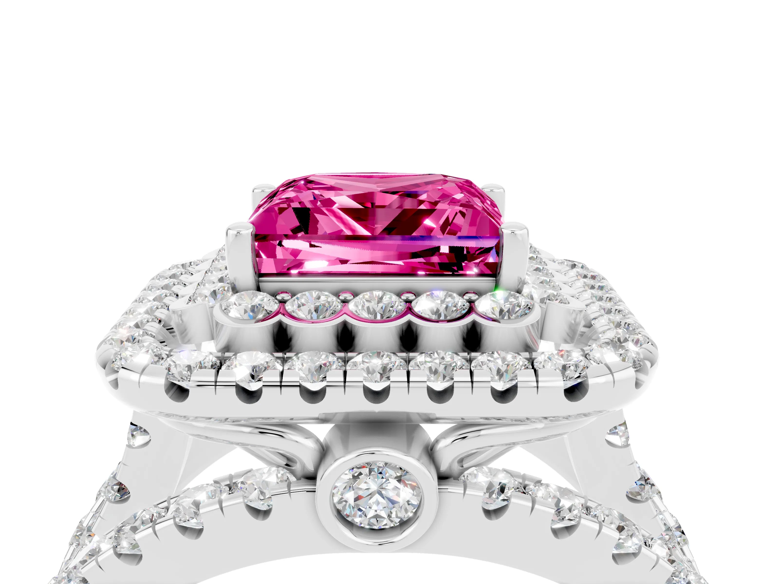 White gold Double Halo Princess Cut Diamond Split Shank Pave Set Ring_4