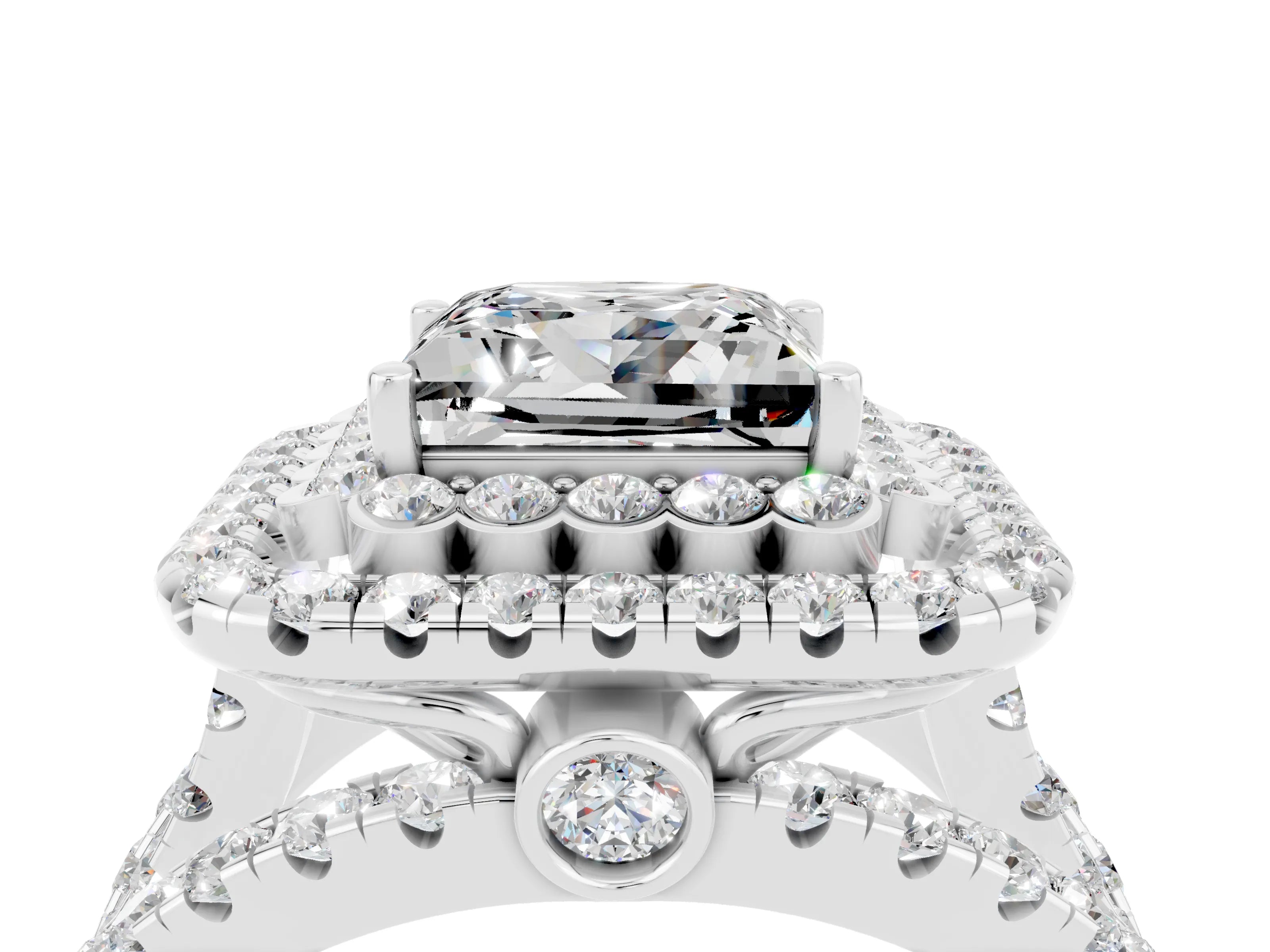 White gold Double Halo Princess Cut Diamond Split Shank Pave Set Ring_4