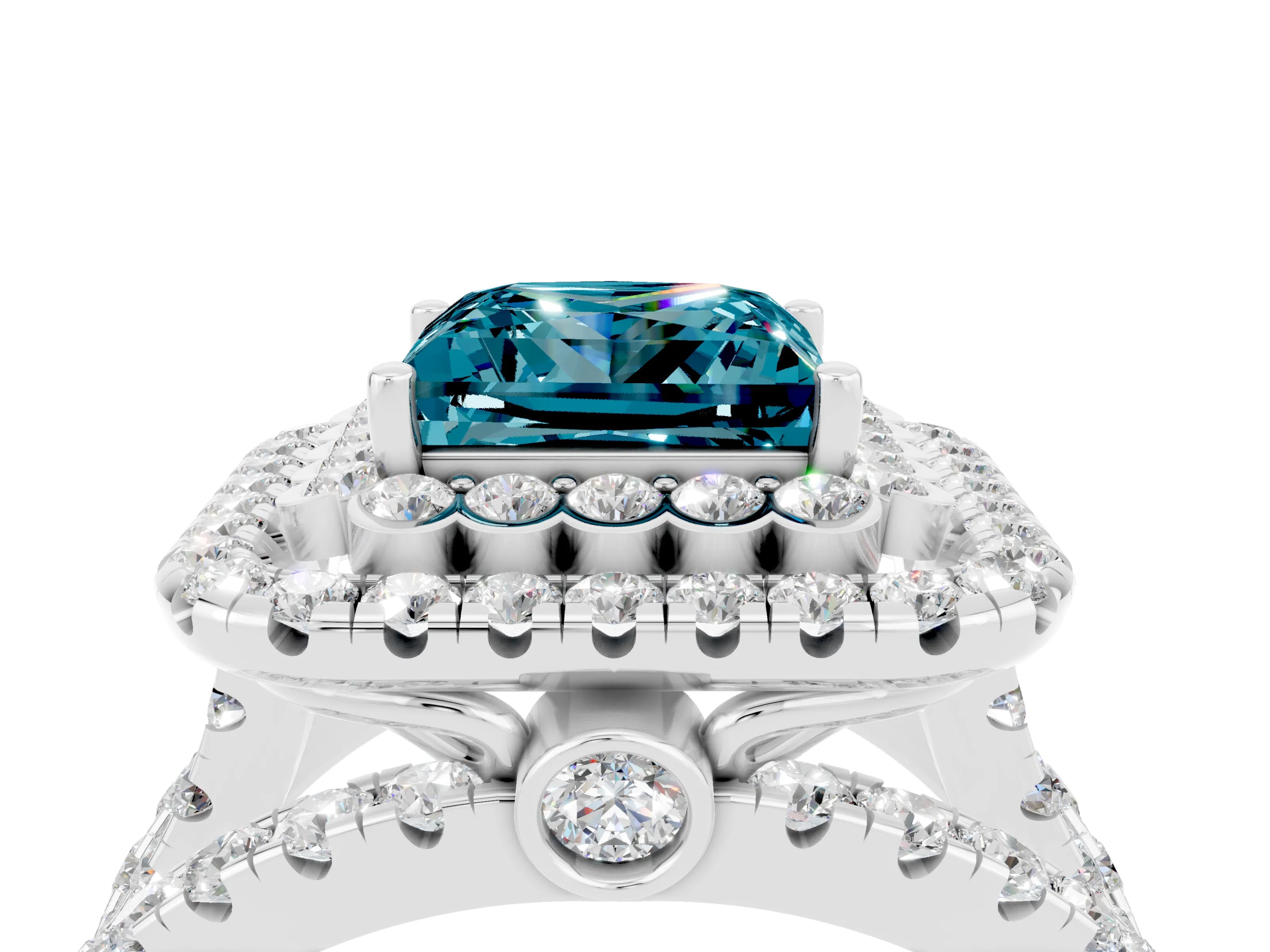 White gold Double Halo Princess Cut Diamond Split Shank Pave Set Ring_4