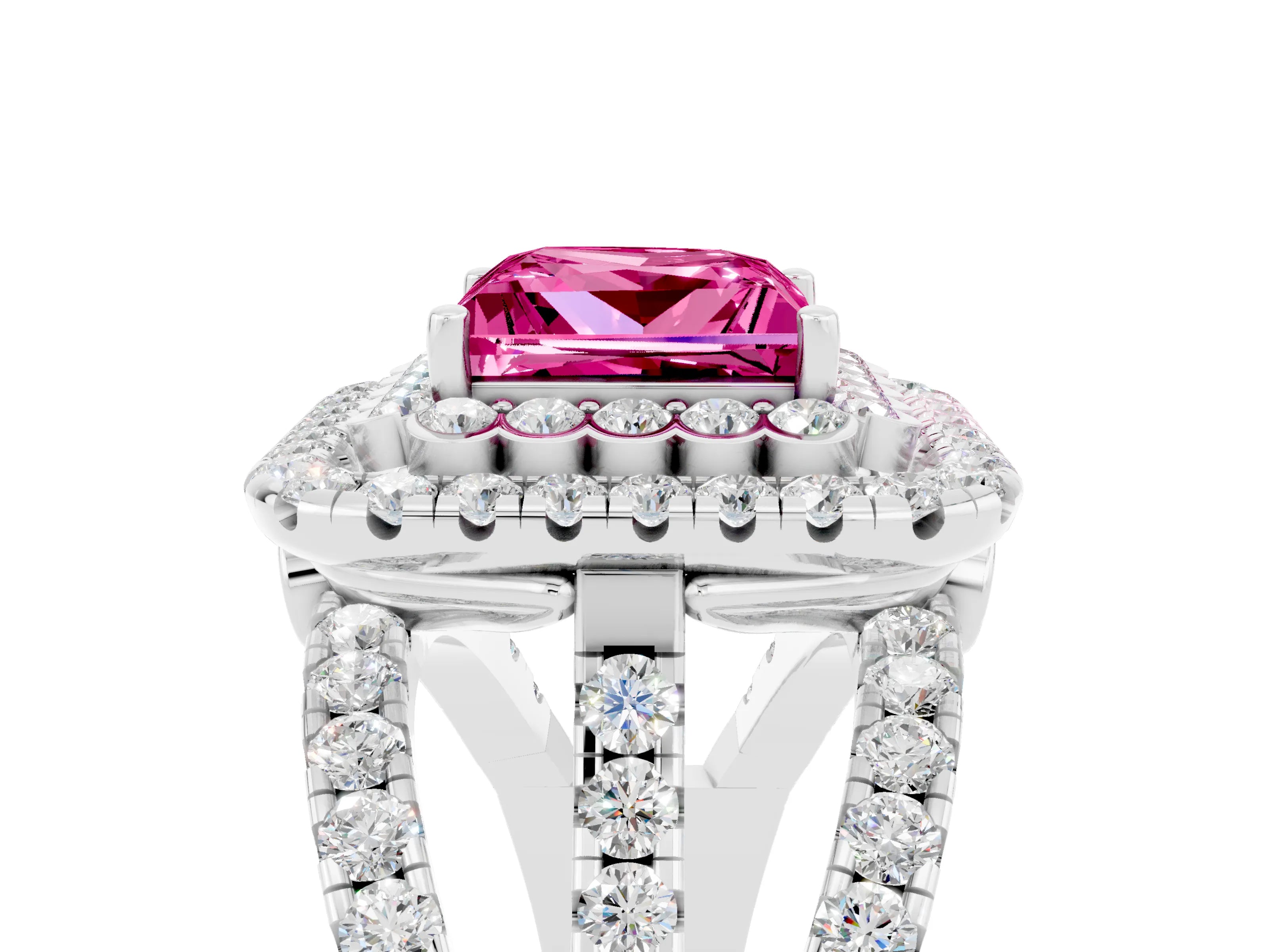 White gold Double Halo Princess Cut Diamond Split Shank Pave Set Ring_5