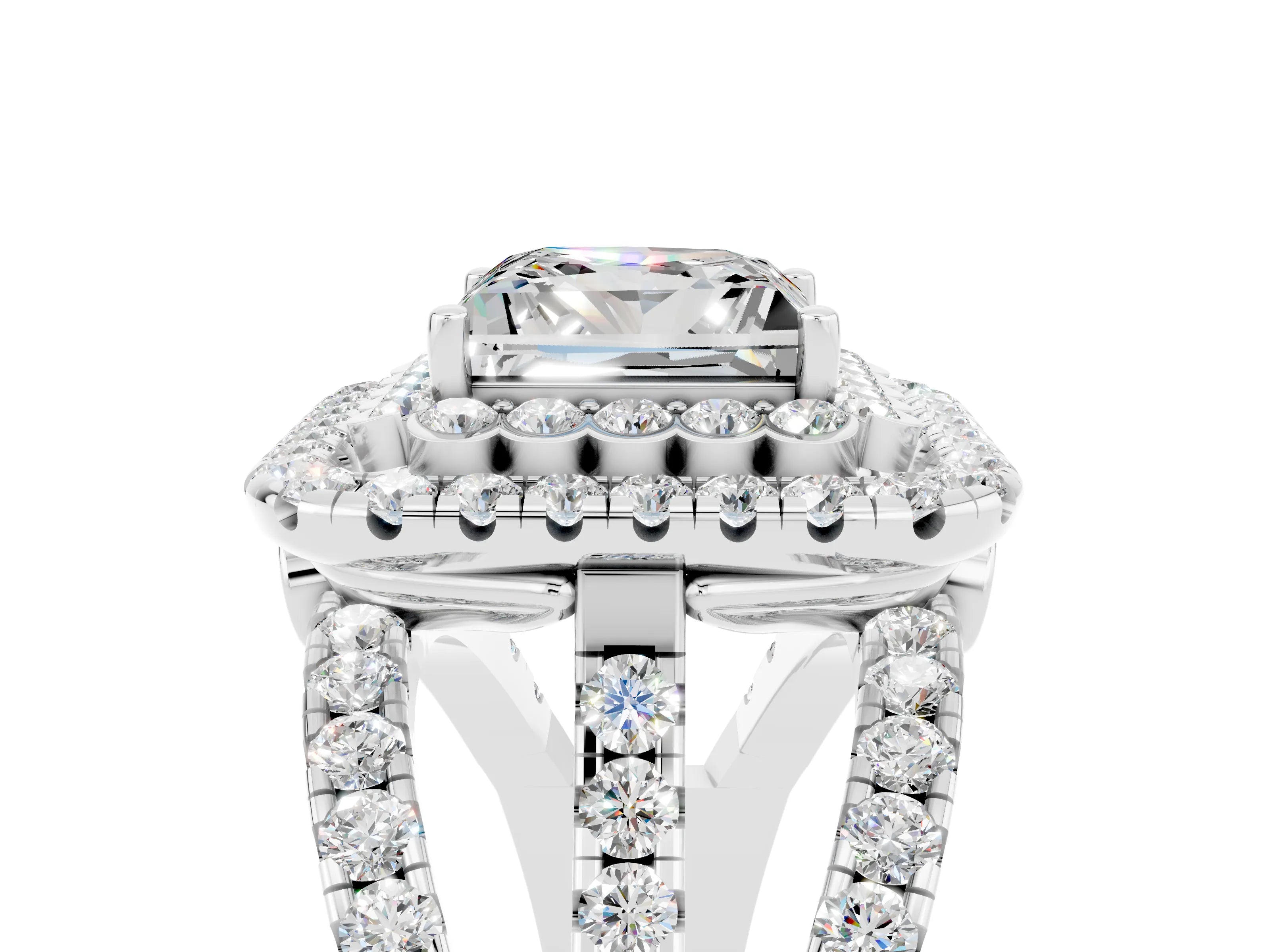 White gold Double Halo Princess Cut Diamond Split Shank Pave Set Ring_5