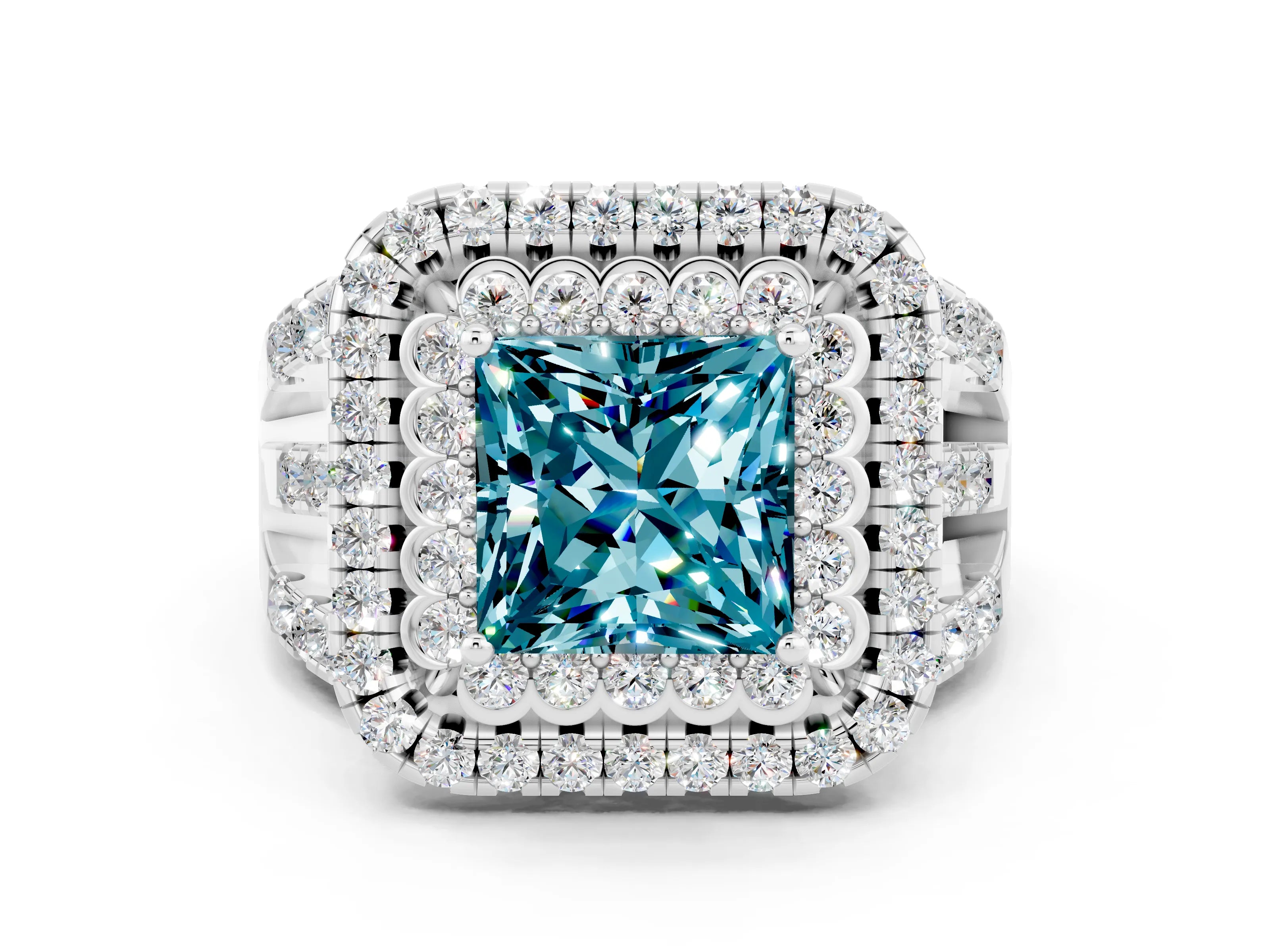 White gold Double Halo Princess Cut Diamond Split Shank Pave Set Ring