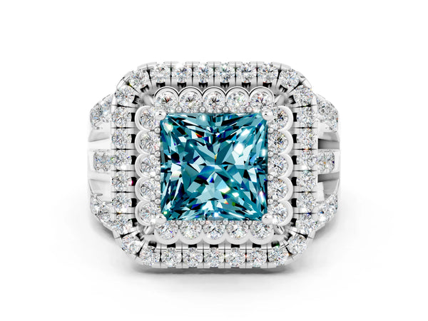 Silver Double Halo Princess Cut Diamond Split Shank Pave Set Ring