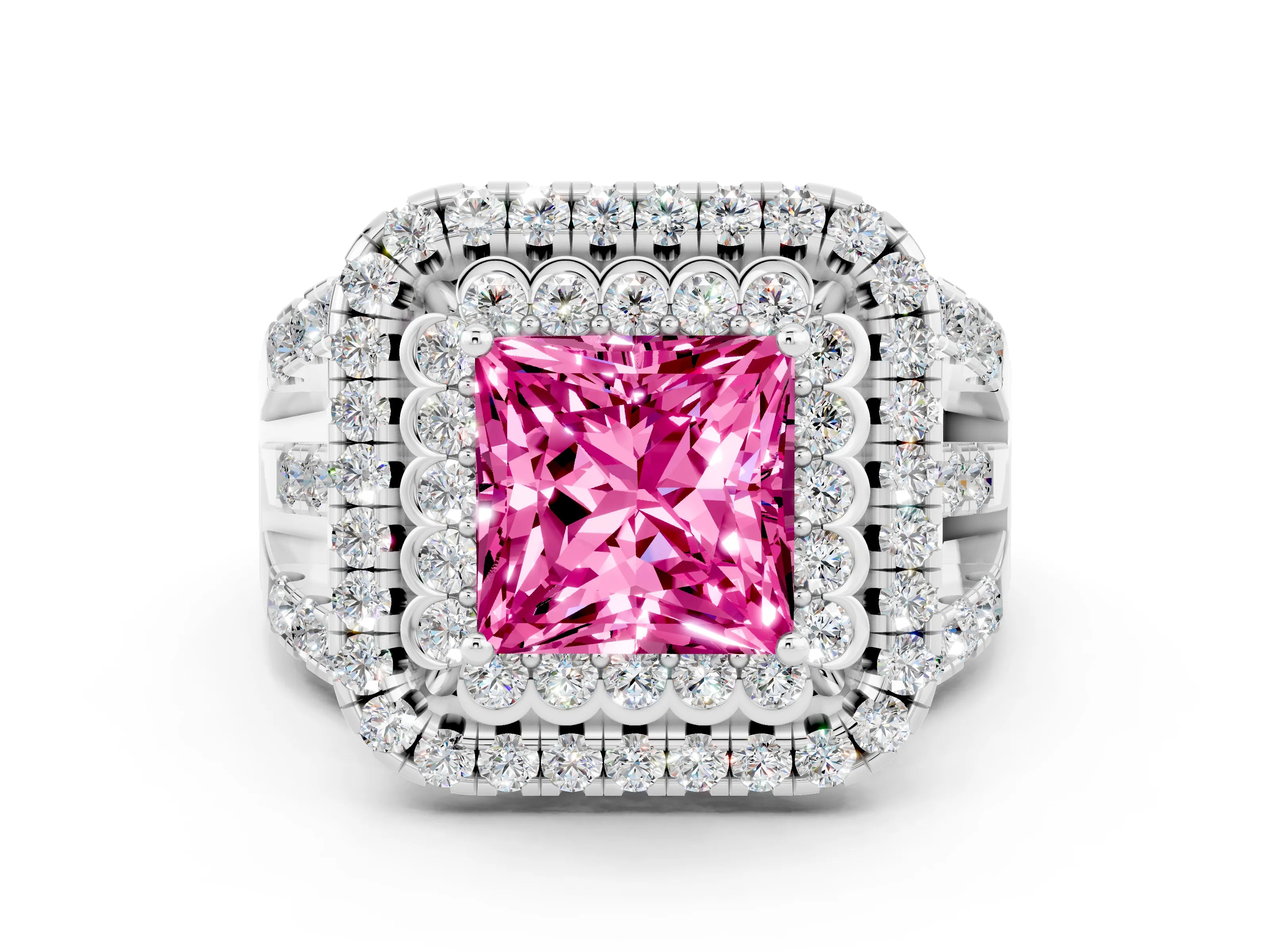 White gold Double Halo Princess Cut Diamond Split Shank Pave Set Ring