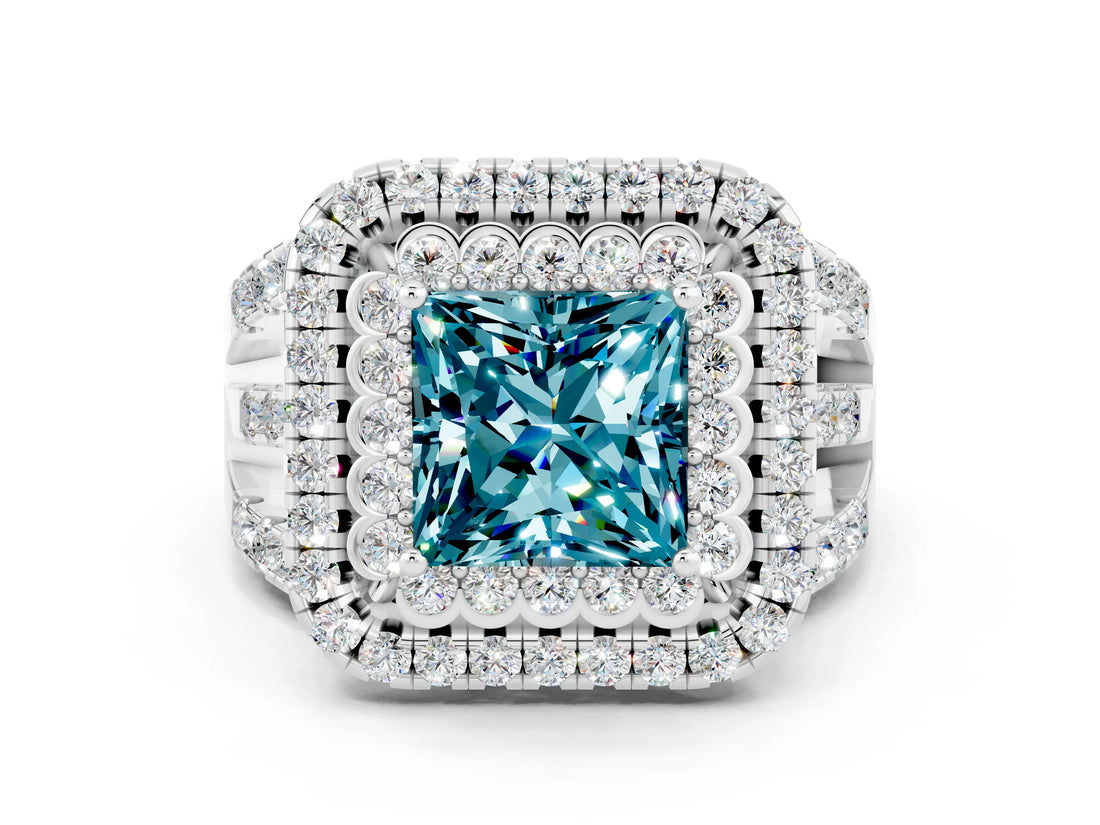 White gold Double Halo Princess Cut Diamond Split Shank Pave Set Ring
