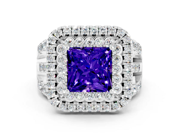 Silver Princess Cut Tanzanite Double Halo Ring with Round Pavé Split Shank and Prong Setting