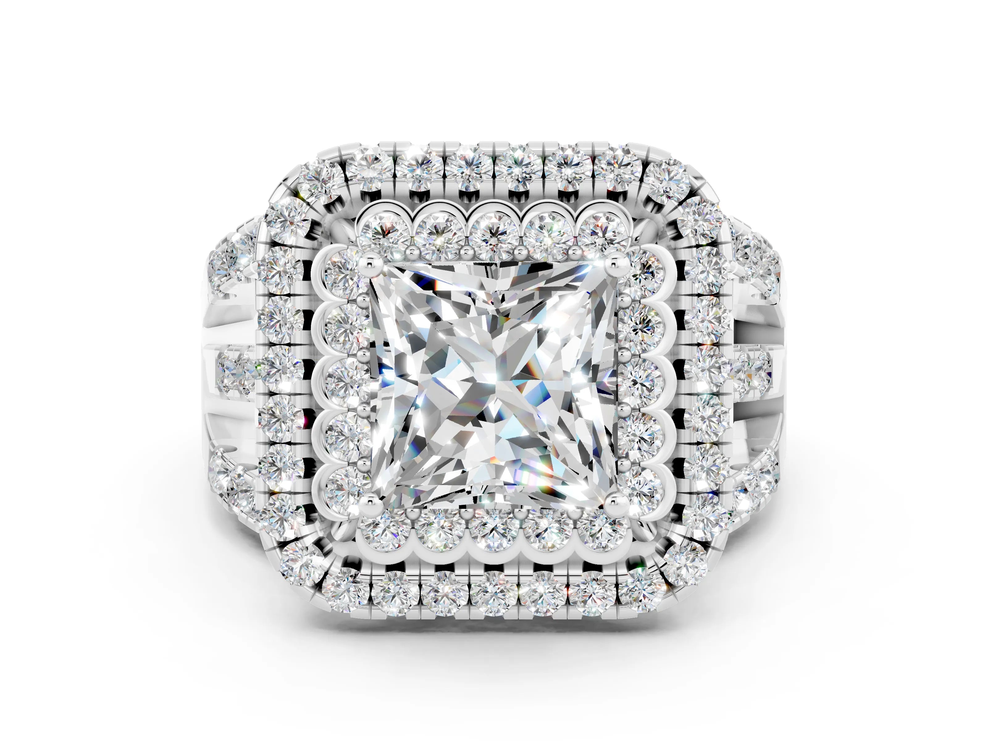 White gold Double Halo Princess Cut Diamond Split Shank Pave Set Ring