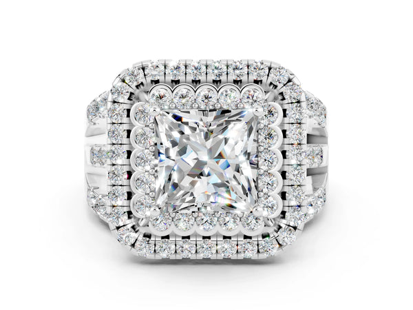 White gold Princess Cut Moissanite Double Halo Ring with Round Pavé Split Shank and Prong Setting