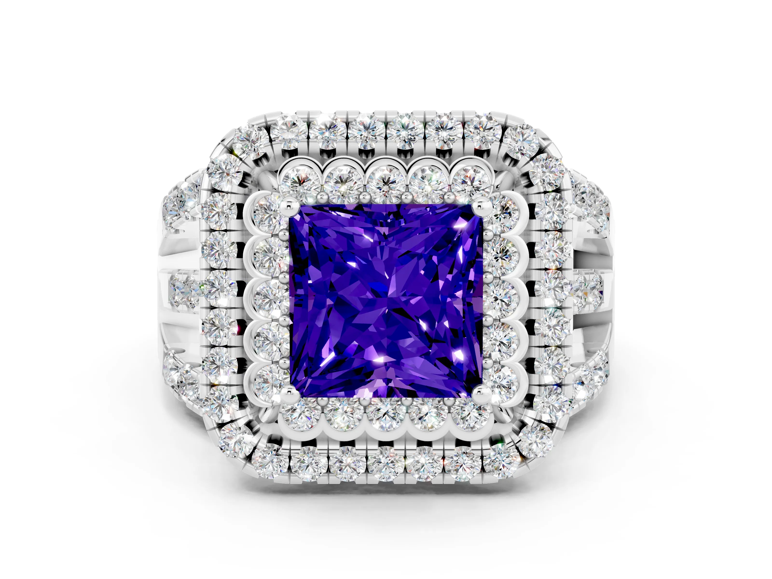 White gold Double Halo Princess Cut Diamond Split Shank Pave Set Ring