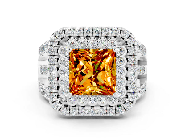 Platinum Princess Cut Citrine Double Halo Ring with Round Pavé Split Shank and Prong Setting