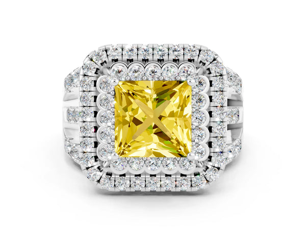 Platinum Princess Cut Yellow Sapphire Double Halo Ring with Round Pavé Split Shank and Prong Setting