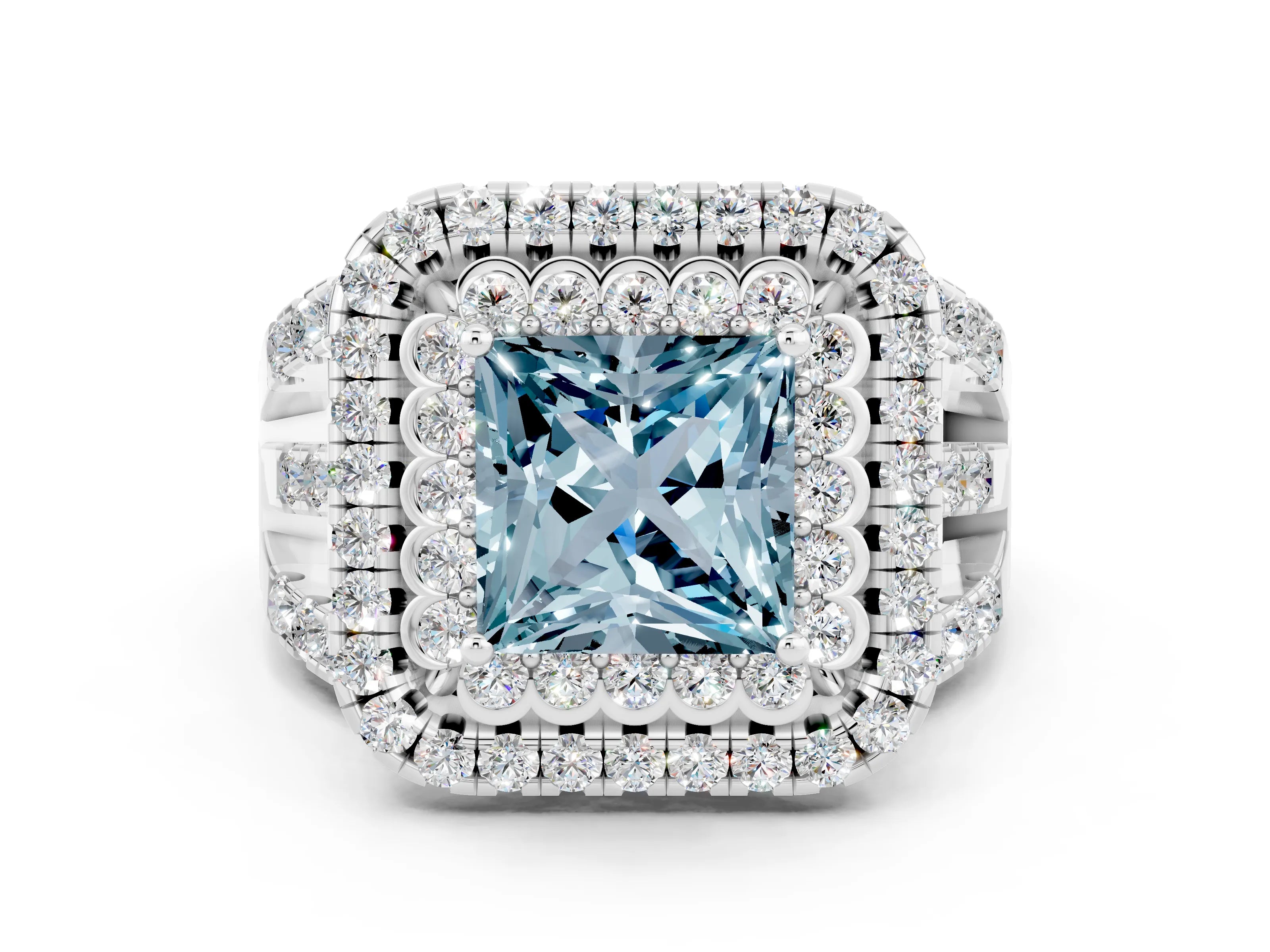 White gold Double Halo Princess Cut Diamond Split Shank Pave Set Ring