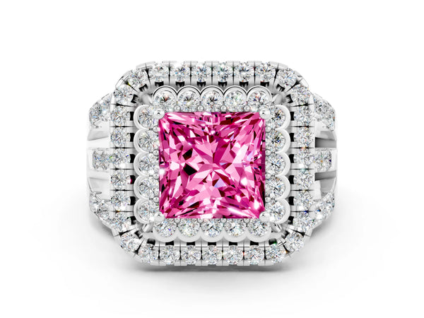 Platinum Double Halo Princess Cut Diamond Split Shank Pave Set Ring