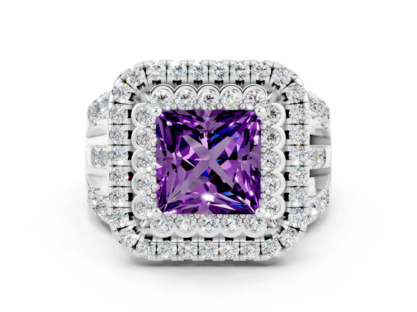 White gold Princess Cut Amethyst Double Halo Ring with Round Pavé Split Shank and Prong Setting