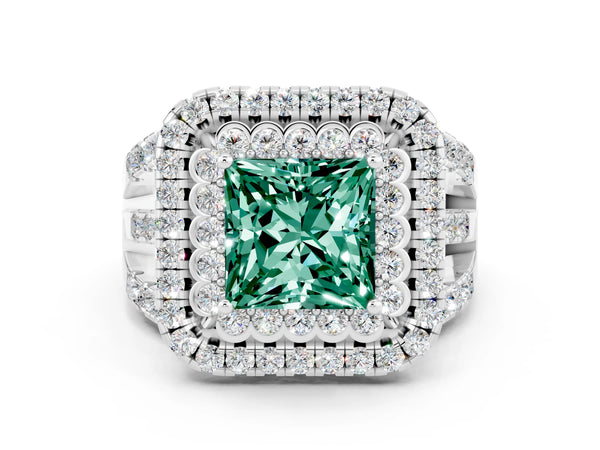 Silver Princess Cut Green Sapphire Double Halo Ring with Round Pavé Split Shank and Prong Setting