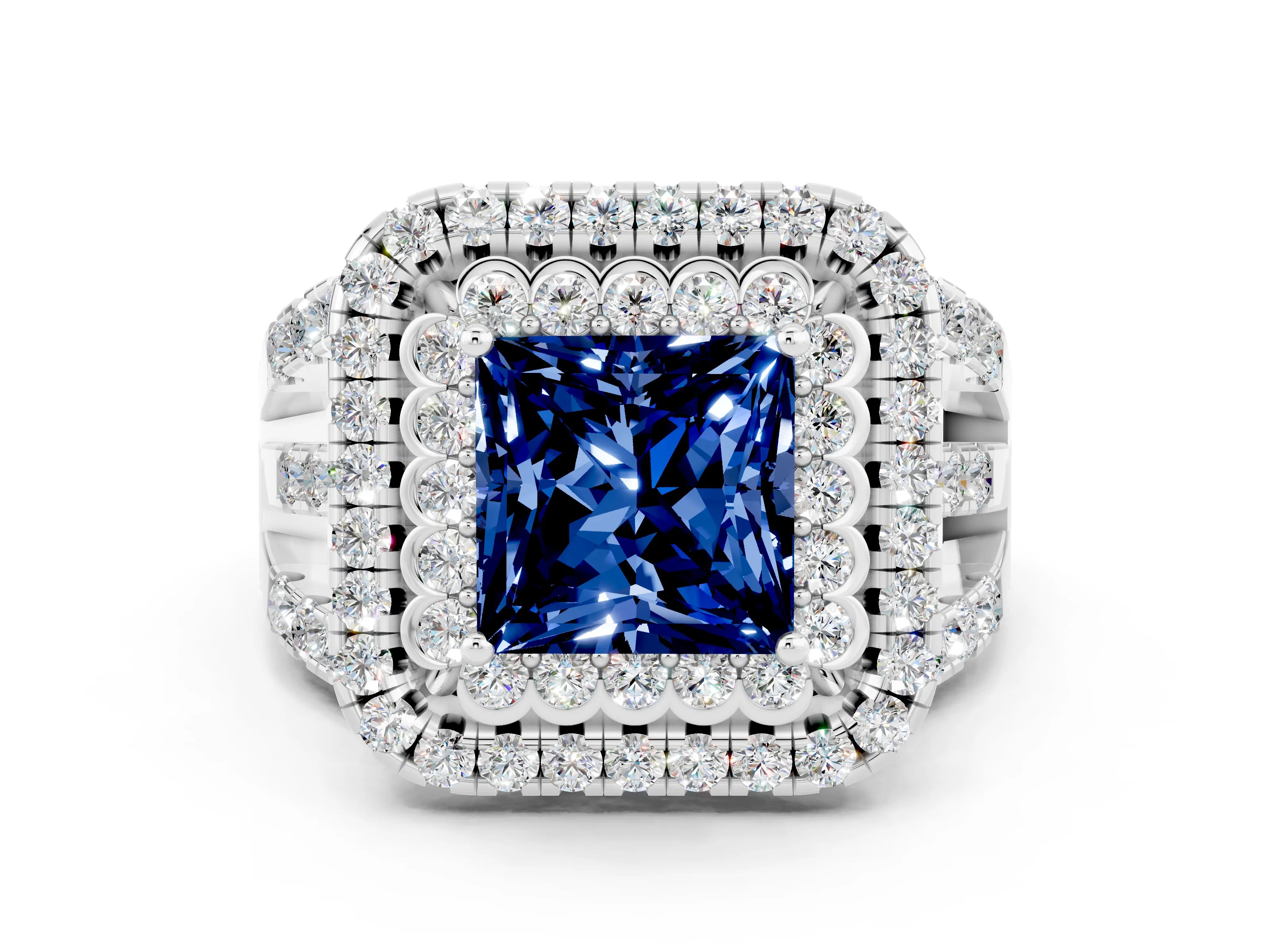 White gold Double Halo Princess Cut Diamond Split Shank Pave Set Ring