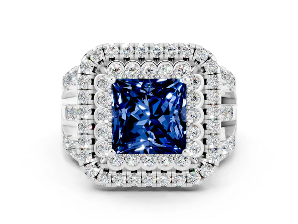 Silver Princess Cut Blue Sapphire Double Halo Ring with Round Pavé Split Shank and Prong Setting