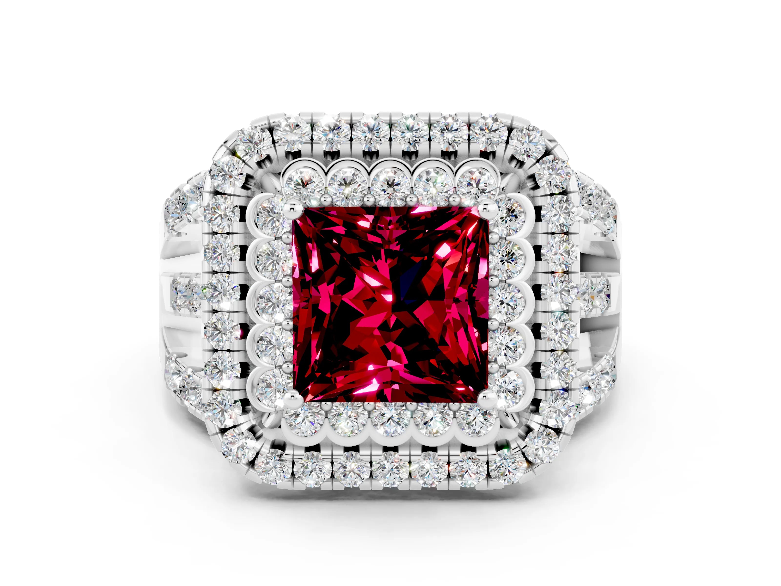White gold Double Halo Princess Cut Diamond Split Shank Pave Set Ring